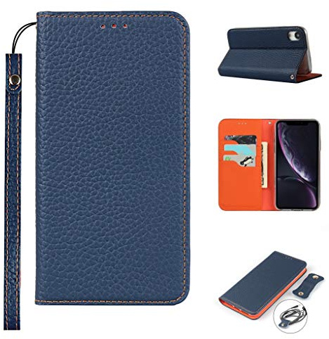 Cavor Phone Case Compatible for iPhone XR Cover,Genuine Leather Flip Wallet Case,[3 Card Holders][Magnetic Closure][RFID-Blocking][Lanyard] Protective Case - Dark Blue