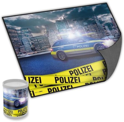 itenga Set Schreibtischunterlage mit Motiv und passendem Stifteköcher abwischbar rutschfest glatt 40x53cm Kunststoff Schreibunterlage für Kinder (Polizei)