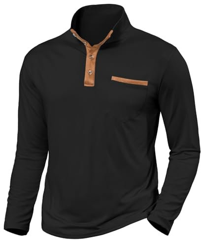 Halfword Long-Sleeve T-Shirts Mens Polo Henley Shirts Golf Grandad Collar Tops Pocket Casual Regular Fit Black M