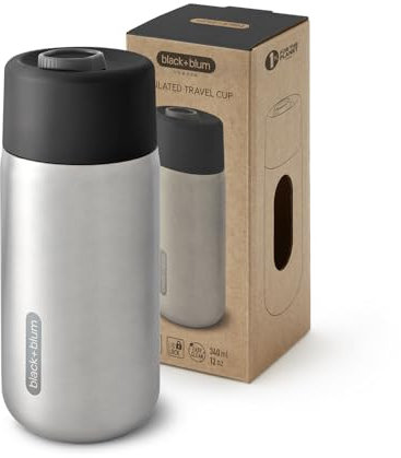 BLACK + BLUM - Travel Cup - 18/8 Stainless Steel Thermal Insulated Travel Coffee Cup with Leak Proof, Lockable Lid - Keeps Hot for 4 hrs, Cold for 8 hrs, Black - 340ml