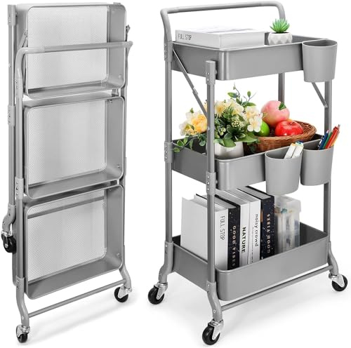 Shrivee Foldable 3 Tier Metal Utility Rolling Cart, Folding Mobile Multi-Function Storage Trolley Organizer Cart for Home Library Office (Grey)