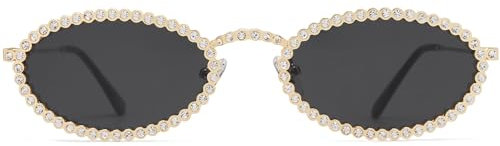 SOJOS Retro Oval Strass Glitzer Sonnenbrille für Damen 90er Jahre Styles Bling Disco Trendy Metall Brille mit Breites Gesicht Stil SJ1205