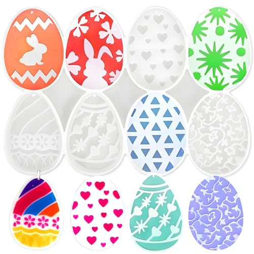 Moule Silicone Pâques,Moules Silicone pour Resine Epoxy Ensemble,œufs de Silicone Pâques,Moules Pâques Pendentifs Résine,DIY Enfants Moules Coulée Silicone Jouets de Décoration Pâques 8 Modèles