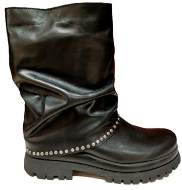 Divine Follie AIS 62 Nero Vera Pelle Bikers da Donna da infilare Borchie Tacco Basso Suola Carrarmato Stivaletti con ghetta risvolto Stivali (38)
