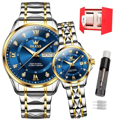 OLEVS Valentines Paar Quarzuhren, 3 ATM wasserdicht, leuchtender Kalender, Datum, lässige Edelstahl-Armbanduhr für Sie und Ihn, für Männer, Frauen, Liebhaber