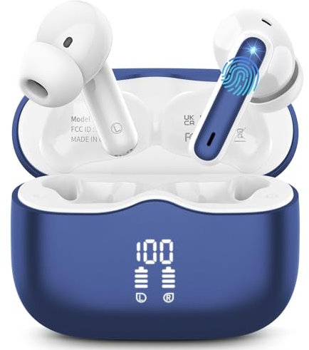 Wireless Earbuds, Bluetooth 5.3 Headphones in Ear with HiFi Stereo Deep Bass, 4 ENC Noise Cancelling Mic Wireless Earphones 40H Playtime, Bluetooth Earbuds Dual LED Display, IP7 Waterproof, Blue