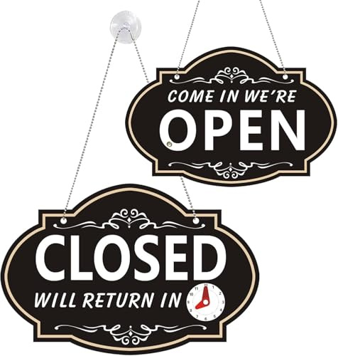 Adfitjo Offenes Schild, 29,5 x 19,6 cm, doppelseitig mit Will Return-Uhr, für Geschäft, Büro, Bars, Einzelhandel (weiß)