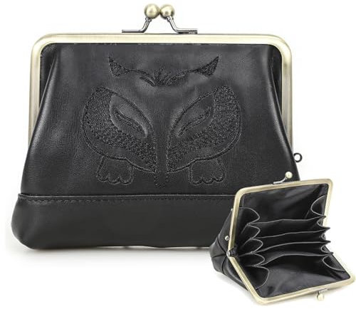 Contacts Kiss Clap Geldbörse aus Leder für Damen, Vintage-Kartenhalter, klein, niedliches Kleingeldbörse, Schwarz , Vintage-Stil