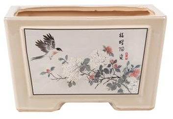 HTYUKFDG Keramik -Pflanzer Rechteck Bonsai glasierte Keramik -Topf Chinesische Blumen- und Vogelmuster Keramikpflanztopf kreativer Orchideen Blumenpot für Home Balkon Veranda Dekor
