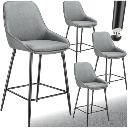 tectake® Barhocker mit Lehne, Barhocker Samt Stuhl, Sitzhocker mit Fußstütze, Bar Stool, Schalenstuhl Hocker mit Lehne, Tresenhocker, Tresenstuhl, Barstuhl mit Lehne - Webstoff grau/schwarz, 4er Set
