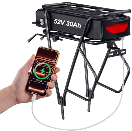batteria per bici elettrica 52v 30ah con portapacchi per kit ruote di conversione Ebike - batteria al litio per motori da 2000 W e 1500 W 1000W su ruota anteriore, ruota posteriore e motore centrale