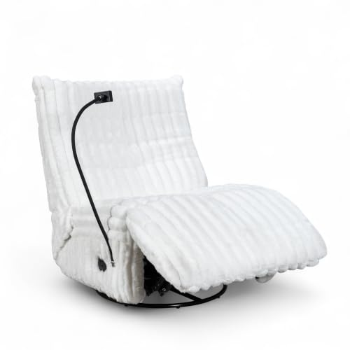 Whte Jumbo Cord Swivel Recliner Chair with Phone Holder - Fluffy Comfy Swivel Armchair for Relaxing, White Cuddle Chair for Living Room, Modern Recliner Armchair with Manual Recline - COMO