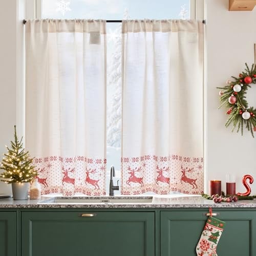 Vangao Scheibengardinen Weihnachten Bistrogardine 2er Set 90Hx65Bcm Rot | Landhausstil Vintage Christmas Curtains, Küche Fenster Kinderzimmer, Strickoptik-Druck mit Rentier-Motiv, Lichtdurchlässig