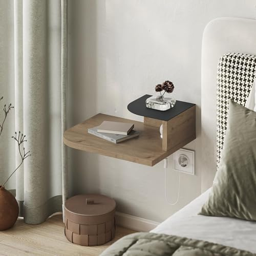 HOCUS PICUS Luno Wall Mounted Nightstand, Rounded Corners, 40x30x12cm, Oak | 2-Tier Floating Shelf with Adjustable LED Reading Light, Wall Mounted Bedside Storage
