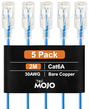 Tecmojo Cat6A Ethernet Cable, 2m Patch Cable 5 Pack 30AWG Ultra Thin 10 Gbps RJ45 Pure Copper Core LSZH Network Patch Cord for Router Modem Patch Panel Faster Than Cat6 Cat5e and Cat5, Blue