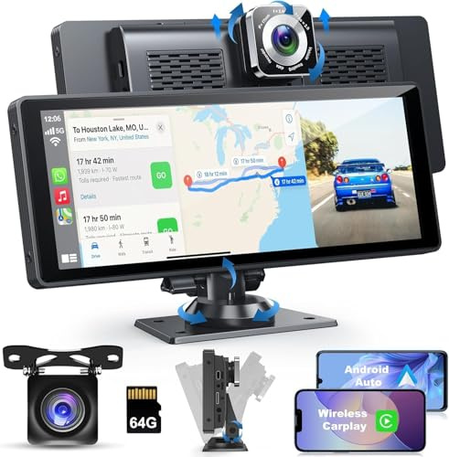 10.26 HD IPS Screen, Apple Carplay for Car with 4K Dash Cam, Portable Car Radio with 64G TF Card, Android Car, Rear View Camera, Loop Recording, Bluetooth, GPS, Mirror Link/Microphone/TF/USB/AUX