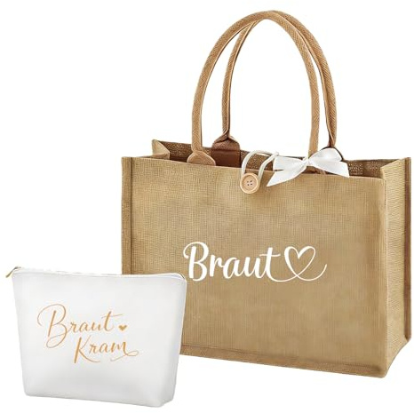 Scinzene Brauttasche Jute Set 2 Teilig, Bride to be Geschenk mit Braut Kram Kosmetiktasche, JGA Accessoires Frauen für Hochzeit, Standesamt und Flitterwochen