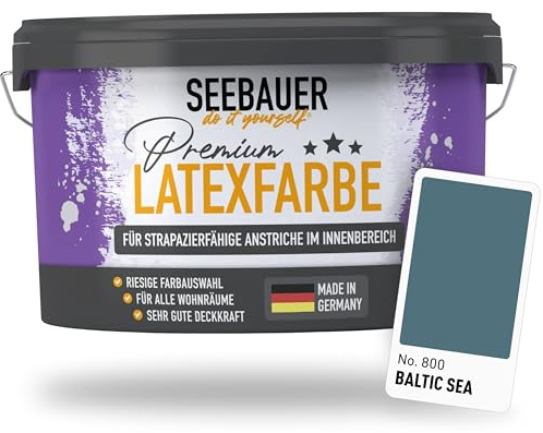 SEEBAUER diy Latexfarbe Blau für Innen 2,5L (No. 800 Baltic Sea) - Seidenmatte Innenfarbe für Putz, Beton & Mauerwerk - Abwaschbare Wandfarbe für Küche & Bad