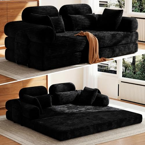 HOMRELEXA 200cm Convertible Folding Sofa Bed double, Cord Boneless Couch | High Backrest, Removable Armrest, 2 Seater Sofa with 2 Cushions, 2 Side Storage Pockets for Living Room, Black