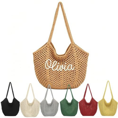Sac À Main Crochet De Luxe Personnalisé - Tote Bag Bohème Chic Brodé Avec Prénom - Sac De Plage Élégant Pour Resort Et Vacances Tropicales - Artisanat De Haute Qualité