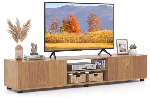 COSTWAY TV Unit for 70 Inch TVs, 160cm TV Stand Cabinet (Natural) | with 2 Doors, Open Storage Shelves & 6 Support Feet, Wooden Media Console Table Entertainment Center, for Living Room Bedroom