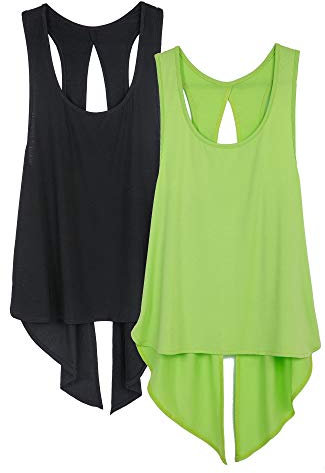 icyzone Damen Sport Top Rückenfrei Fitness Yoga Shirt Ärmellos Sport Oberteile, 2er Pack (M, Black/Greenery)