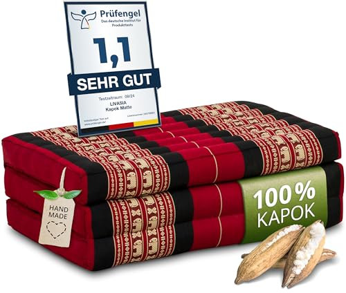 livasia Nachhaltige Kindermatratze aus Kapok - 140x70x8cm - Klappmatratze, Reisebett Kinderbett faltbar, ökologische Yogamatte klappbar, Spielmatte, Liege für Garten und Balkon (Rot/Elefanten)