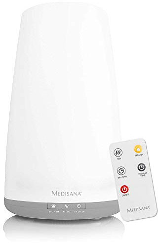 Medisana AH 670 Humidificador ultrasónico con compartimento de aromas y función de precalentamiento, nebulizador con mando a distancia para aire seco en el salón y el dormitorio, 1,8 litros