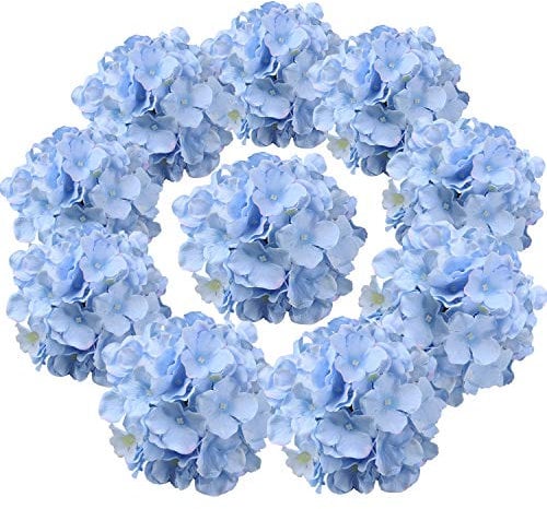 Flojery Teste di ortensia in seta, con steli artificiali, per decorazioni per la casa, matrimoni, confezione da 10 (blu)