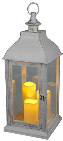 BURI XXL Laterne Vintage Windlicht weiß mit 3 LED-Kerzen Flackereffekt - Laterne Kerzenhalter 60cm Dekolaterne groß mit Glasscheiben und Timer für drinnen