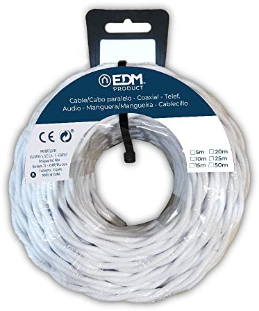 EDM 11987 Cable Paralelo Textil Trenzado, Blanco, 2 x 2.5 mm x 25 m