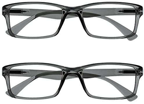 OPULIZE PEP Classic Reading Glasses for Women Men, Scratch Resistant Rectangular Frame with Spring Hinges, Grey +2 (Pack of 2)