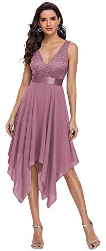 Ever-Pretty Robe de Soirée Asymétrique au Genou Femme Double Col-V sans Manche en Dentelle Mousseline de Soie Orchidée 42
