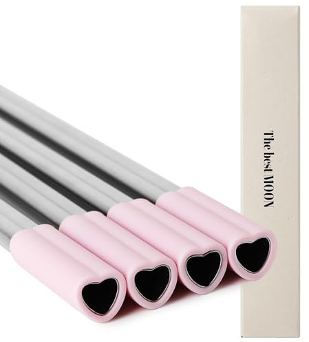 The best MOON Heart Shaped Stainless Steel Reusable Metal Straws with Pink Silicone tips (Set of 4 straws) for coffee tumbler 20 oz accessories and Valentines day Christmas Birthday gift