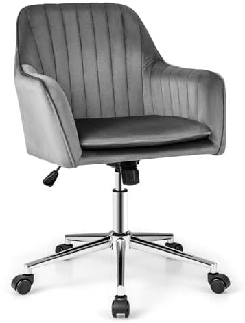 COSTWAY Velvet Office Chair, Ergonomic Swivel Computer Desk Chair Leisure Vanity Armchair with Rocking Function, Height Adjustable Mid-Back Rolling Executive Task Chairs for Home Office (Grey)
