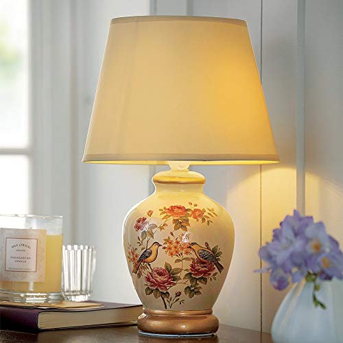 Coopers of Stortford Lightweight Oriental Rose & Bird Cordless Ceramic Lamp with Silken Shade
