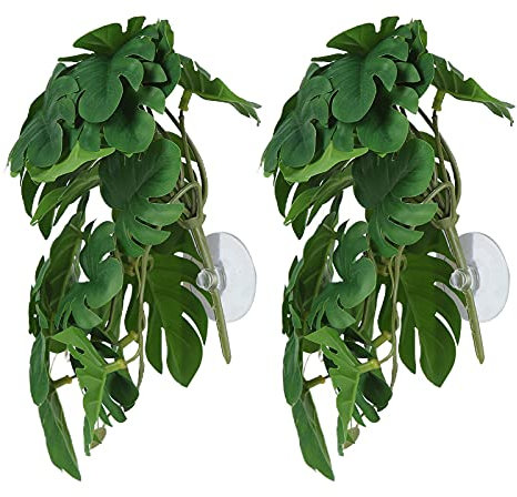 TKSE Artificial Water Plant,2PCS Simulation Vine Aquarium Fake Leaves Lifelike Small Size Plastic Leaves Decoration with Suction Cup for Fish Tank(Turtle Leaf)