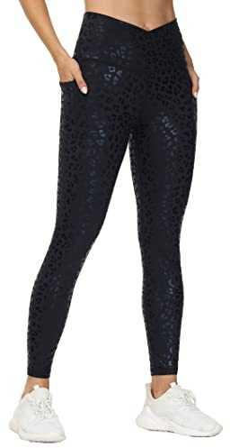 THE GYM PEOPLE Damen Sport Leggings High Waist mit V Cross Po Push Up & Bauchkontroll Yogahose mit Taschen für Sport/Black Leopard/L
