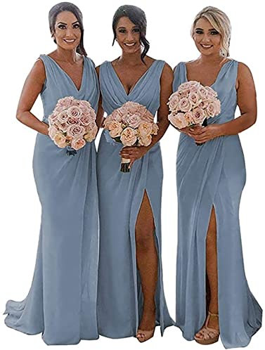 KURFACE Double V Neck Chiffon Bridesmaid Dresses Long High Slit Evening Dresses Formal Prom Gowns Draped Dusty Blue UK14