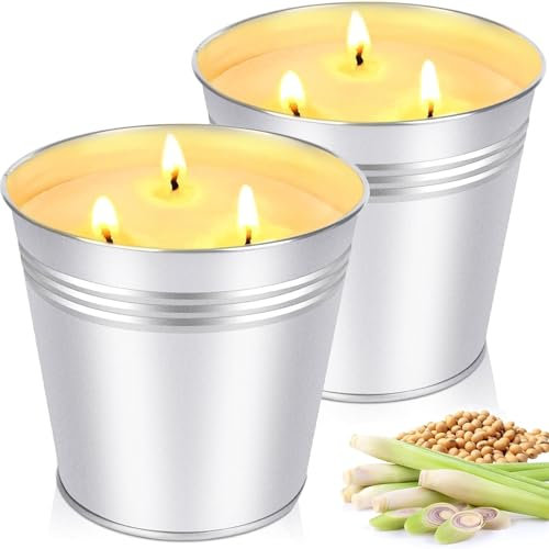 Citronella Kerze Outdoor Groß, 2 x 17oz Outdoor Kerzen Natürliche Sojawachs Zitronella Kerze Garten mit 3 Docht Citronella Duft Kerze für Garten, Camping, Picknicks, Balkon, Terrasse,180 Brenndauer