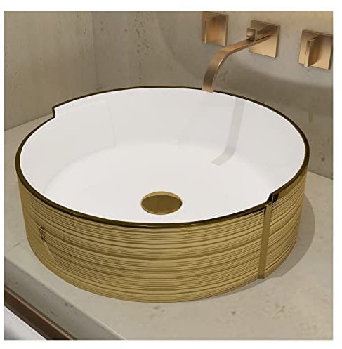 MEJE Vasque à rayures dorées de 42 x 42 cm, lavabo de salle de bain au-dessus du comptoir, évier en porcelaine et céramique, lavabo d'art