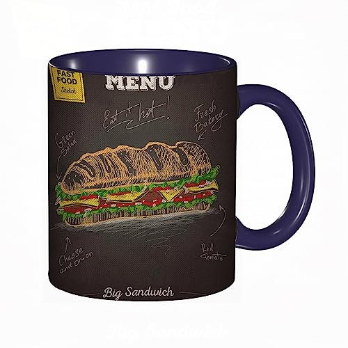 Tasse Keramik Fast-Food-Menü Vintage Kreidetafel Sandwich Hamburger Zwiebel Tomate Premium Kaffeetassen Große 330ml Mit Henkel 100% Handbemalt Trinkgläser Mit Griff Personalisierte Geschenk