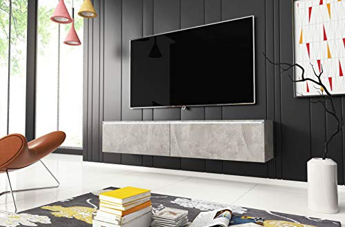 MINIO go for it TV Schrank Donna, Breite 140 cm, TV Lowboard, Stehend oder Hängend, Fernsehschrank für das Wohnzimmer, Laminierte Spannplatte, Moderner Stil, Beton - LED Beleuchtung