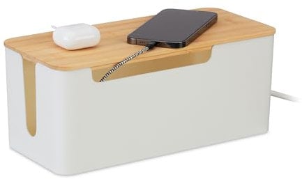 Relaxdays Kabelbox für 2 Steckdosenleisten, Bambusdeckel, Kunststoff, HBT: 13 x 31 x 14 cm, Kabel verstecken, weiß/Natur