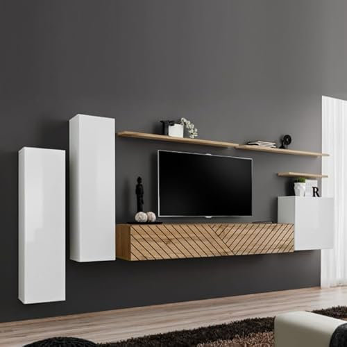 Paris Prix Ensemble Meuble TV Switch Lamel I 330cm Naturel & Blanc