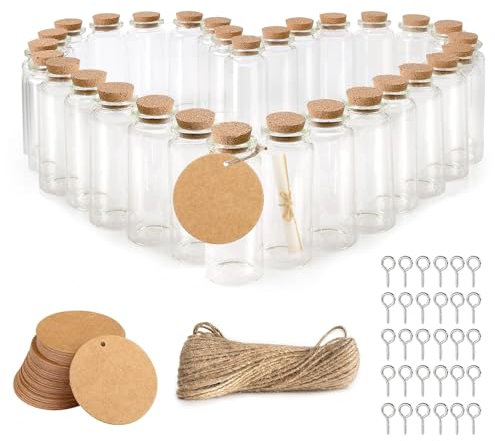 RAFIYU 30 Stück Reagenzglas Mini, 10ml Kleine Glasflaschen zum Befüllen, Mini Glasflaschen mit Korken zum Gastgeschenke Hochzeit Hochzeitsdeko, Basteln Wunschflasche Kleine Gewürzgläser mit Tag