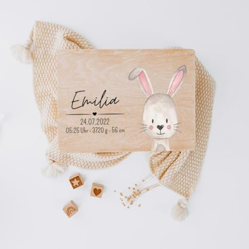 wunderwunsch® - Personalisierte Erinnerungsbox Baby mit Spezial-Druck - Baby Erinnerungsbox - Erinnerungskiste aus Holz - Geschenk zur Geburt (Hase, S-Klappdeckel)
