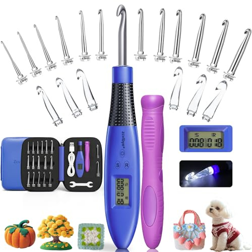 Zcvtbye Zähl-Häkelnadel-Set, digital, ergonomische Häkelnadeln mit 18 austauschbaren Häkelsets, beleuchtete Häkelnadeln mit 2 LED-Ebenen, Anfänger-Strickset für Stich- und Reihenzähler.