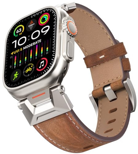 Bouixel Correa de piel auténtica compatible con Apple Watch Ultra 3 de 49 mm, 46 mm, 45 mm, 44 mm, 42 mm, para hombres, correa resistente con conectores de acero inoxidable para iWatch Ultra 2 Series