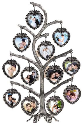 Generic 1 Set Photo Rack Hanging Photo Frames Tree Family Tree Picture Frame Stand Heart Shaped Photo Display Tree, Personalized Family Photo Frame Shows for 12 Photos Home Décor (Silver)